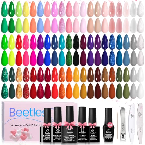 Beetles Fall Gel Nail Polish Set - Style Manifesto 69 PCS 60 Colors Neon UV Gel Polish Kit with Base Glossy Matte Top Coat, Rainbow Bright Jelly Pink Nude Red Blue Green Shade