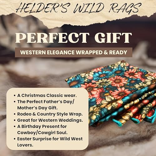 Wild Rag Silk Scarf 36'', Western Cowboy Bandana Square Silky Wild Rags,Teal & Rust Vintage Daisy Floral Tribal Scarves for Men & Women4