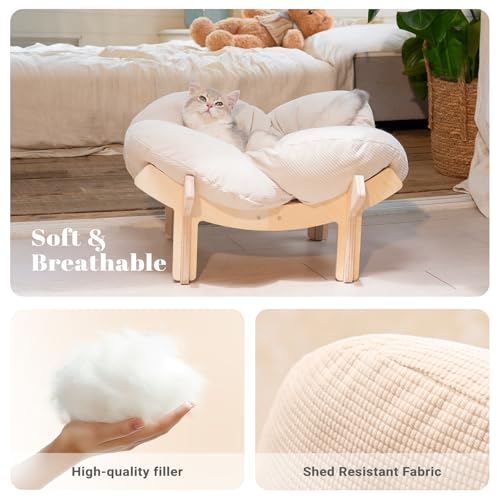 Elevated Cat Bed for Indoor Cats Couch Sofa Flower | Pet Beds with Soft Washable Cushion, Stable Wooden Frame, Raised Cat Hammock & Furniture for Kitty & Puppy All-Season(White) - Image 4