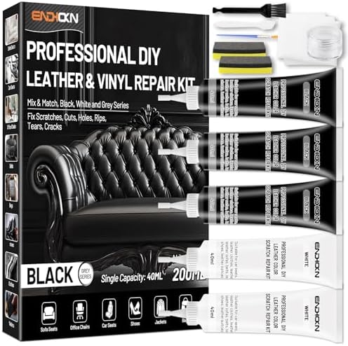 Endhokn Black Leather Repair Kit, 3 Black 2 White Vinyl Repair Kit Fix Scratches Cuts Rips Holes Tears Cracks Leather Filler for Car Seats, Sofa, Jacket, Bags, Purse, Belts, Furniture