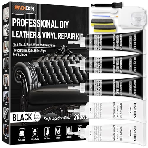 Endhokn Negro Kit de Reparación de Cuero, 3 Negro 2 Blanco Kit de Reparación de Vinilo para Sofás Muebles Asientos de Coche Chaquetas, Repara Arañazos Cortes Rasgaduras Agujeros Desgarros y Grietas