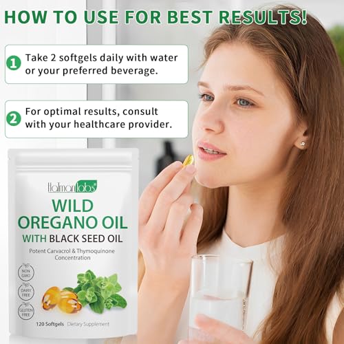 Oregano öl, Oregano Öl Kapseln120 Softgels, 165mg Carvacrol,6000mg Oregano-Kräutersupplement, 2 in 1 6000mg Oreganoöl mit Schwarzkümmelöl 200mg