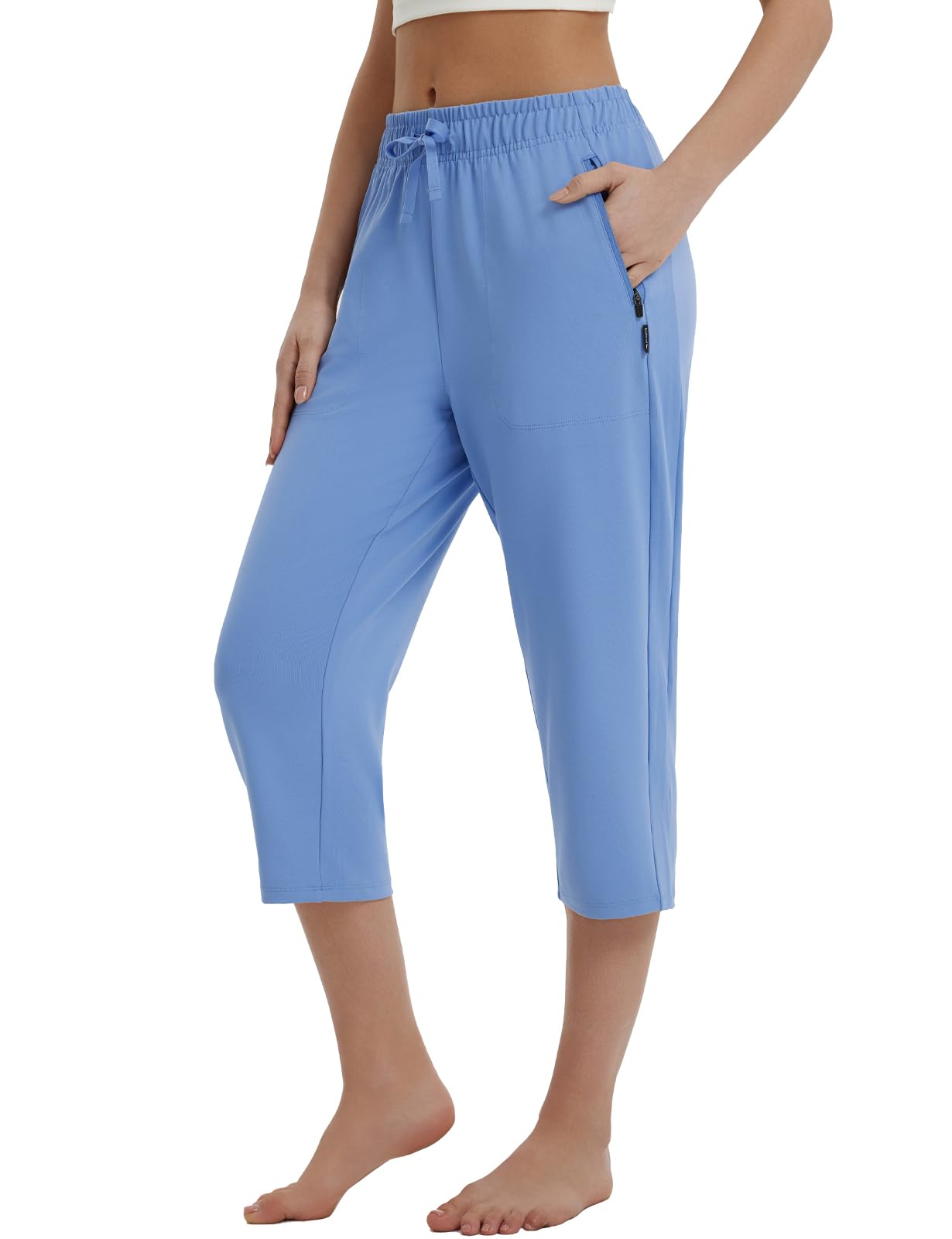 'BALEAF Women's Capri Yoga Pants Stretch with Zipper Pockets Causal Lounge Pants Drawstring Sweatpants Summer 19''' lightblue XL