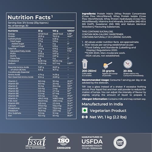 Image of Nutrabay Gold Tri Blend Whey Protein Powder - 1kg, Strawberry Milkshake | 25g Protein, 5.5g BCAA | Concentrate, Isolate, Hydrolyzed Protein | Muscle Growth & Recovery | Gym Supplement for Men & Women