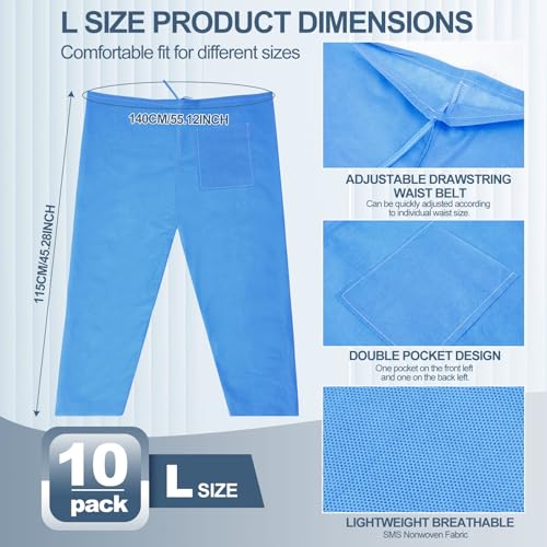 Geiserailie 10 Pcs Disposable Nonwoven Breathable Work Pants L Size Blue Work Pants, Adjustable Drawstring Tie Waist, Lightweight Protective Trousers with 2 Pockets for Controlled Environment
