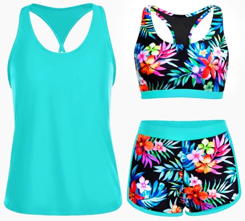 Yonique 3 Piece Athletic Tankini Swimsuits for Women with Shorts Swim Tank Tops with Sports Bra and Boyshorts Bathing Suits