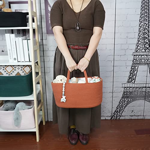 Image of XUANGUO Large Cotton Rope Baby Diaper Caddy Organizer Basket Rust | Nursery Storage Bin, Portable Baby Tote Bag for Changing Table or Car, Baby Shower Gifts Bag, Newborn Essentials, Registry