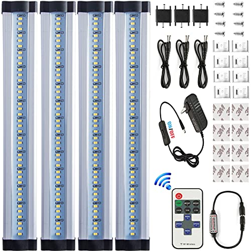 Under Cabinet LED Lighting Kit Plug in, 4 pcs 12 Inches RF Wireless Dimmable Cabinet Light Strips, 12W 5000K Daylight with Switch 1200 Lumen Super Light Suitable for Kitchen Cabinets, Counter Closet