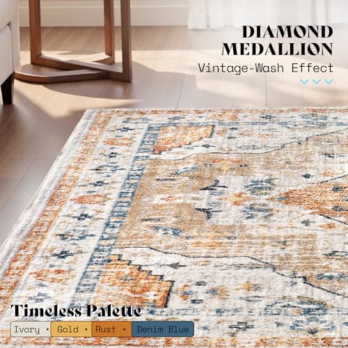 Image of AMERLIFE 5'x8' Wilton Collection Area Rug, Durable Low Pile Non-Slip Washable Rug for High Traffic Areas, Vintage Diamond Medallion Rug for Living Room, Bedroom, Dining Room, Yellow /Blue