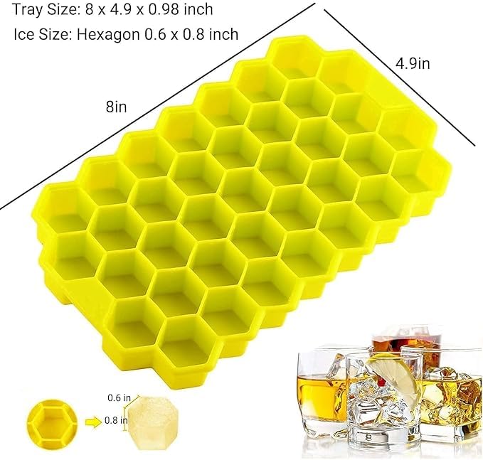 Image of Pack of 2 Flexible Silicone Shape Honeycomb 37 Cavity Ice Cube Mould Tray for Freezer, Chocolate Cake Maker, Ice Trays for Chilled Drinks, Reusable Color May Vary