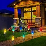CHYParty 2 Pack Jumbo C9 Christmas Pathway Lights Outdoor, Total 14FT 8-Light Multicolor LED Connectable Plug in Walkway Lights for Driveway, Yard, Fence, Green Wire