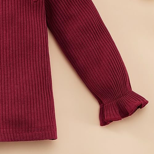 Image of Weixinbuy Toddler Girl Fall Winter Clothes Solid Long Sleeve Ribbed T-Shirt Knit Tops Plaid Button Mini Skirts Set Outfits