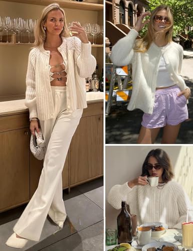 Image of Women's Casual Puff Long Sleeve Crew Neck Cardigan Button Down Open Front Knit Loose Sweater Outwear