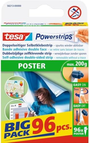 tesa UK Powerstrips POSTER - Double-Sided Adhesive Strip for Posters - Self-Adhesive Picture Hanging Strips - Tapered -Holds up to 200 g - Pack of 96, Clear, (58213-00000-03)