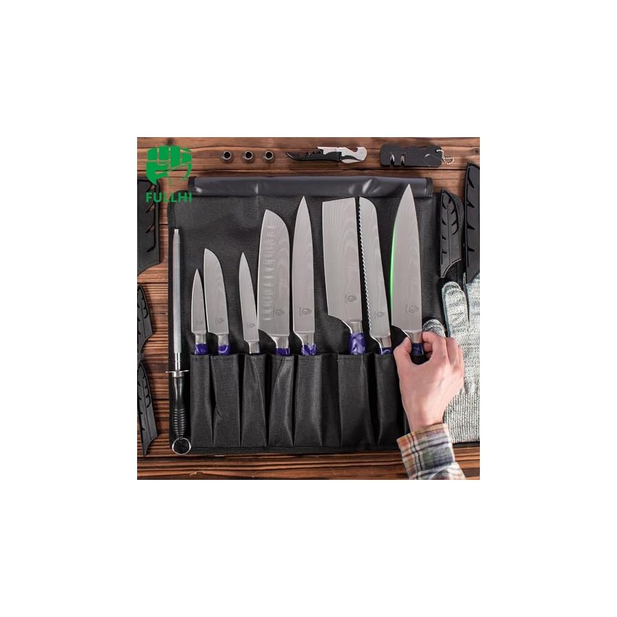 FULLHI Knife Set with Magnetic Knife Block Holder,15pcs Japanese Knife Set, German Stainless Steel Kitchen Knife Set