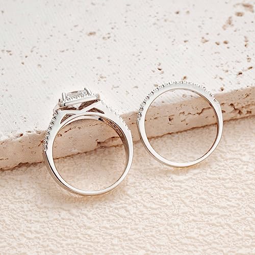 Womens Princess Cut Bridal Ring Sets 925 Sterling Silver CZ Halo Wedding Rings Set for Her Engagement Promise Rings Band Cubic Zirconia for Women Size 5-103