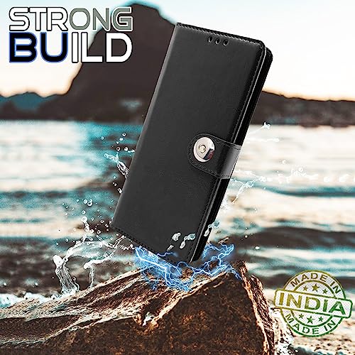 Image of Pikkme Oppo F23 5G Flip Cover Leather Finish | Inside TPU with Card Pockets | Wallet Stand and Shock Proof | Complete Protection Button Flip Case (Black)