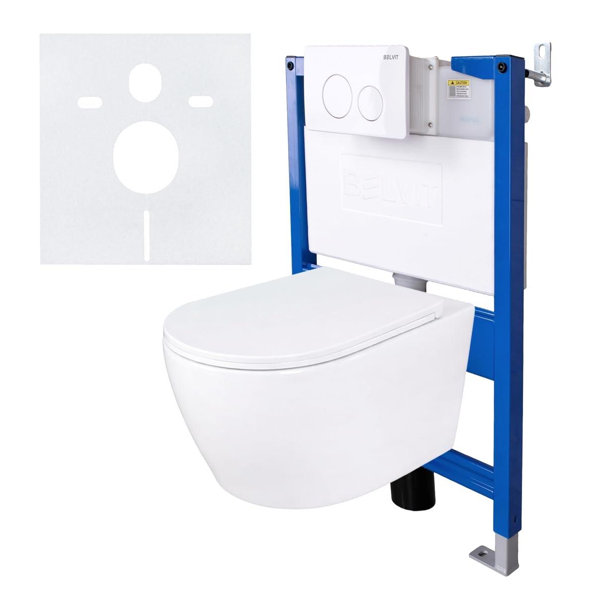 Belvit Wand WC Komplettset mit Vorwandelement 75-82 cm, spülrandloses Hänge WC mit Softclose Sitz, Unterputz Spülkasten, Drückerplatte, WC Set für Trockenbau, wandhängende Toilette, Weiß