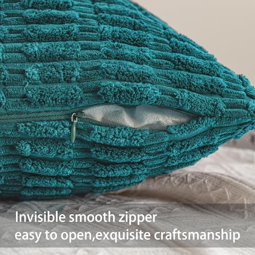 Image of Pack of 2 Corduroy Decorative Throw Pillow Covers 18x18 Inch, Turquoise | Fall Soft Striped Pillow Covers Modern Farmhouse Home Decor Christmas Throw Pillow Covers for Sofa Living Room Couch Bed