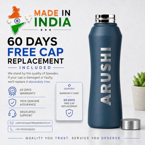 Image of Speedex Customised Stainless Steel Water Bottle 1 Ltr with Engraved Name - Personalised Screw Lid Bottle for Kids, Men & Women, School, Office, Gym, Teal Blue, Set of 1