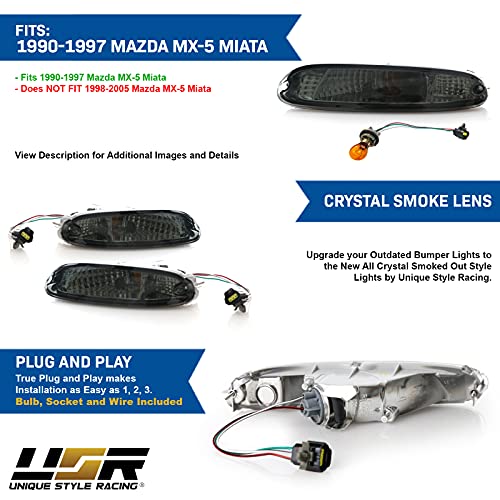 USR DEPO 90-97 MX-5 Signal Lights - JDM Crystal Style Front Bumper Turn Signal Lamps Set (Left + Right) Compatible with 1990-1997 Mazda MX5 Mk1 Miata (JDM Crystal Style All Smoked Out Lens) - Image 5
