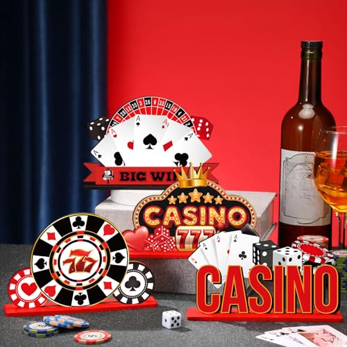 Image of CroBlissful 6 Pcs Casino Theme Table Centerpieces Casino Theme Party Decorations Poker Chips Poker Machines Dice Spades Wooden Signs for Birthday Party Decoration