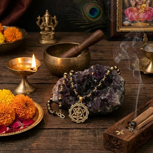 Image of Gratify Original Karungali Mala 54 Beads (7mm) for Men & Women | Authentic Black Ebony Wood Mala with Gold Plated Metal Caps | Spiritual Necklace for Meditation, Prayer, Energy Balance & Positive Vibes