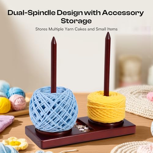 Image of Caydo Yarn Holder for Crocheting and Knitting, Wooden Yarn Spinner Stand with 2 Spindles, Upgraded Rotating Crochet Holder with Anti-Slip Pads, Crochet Accessories Birthday Gift for Knitting Lovers