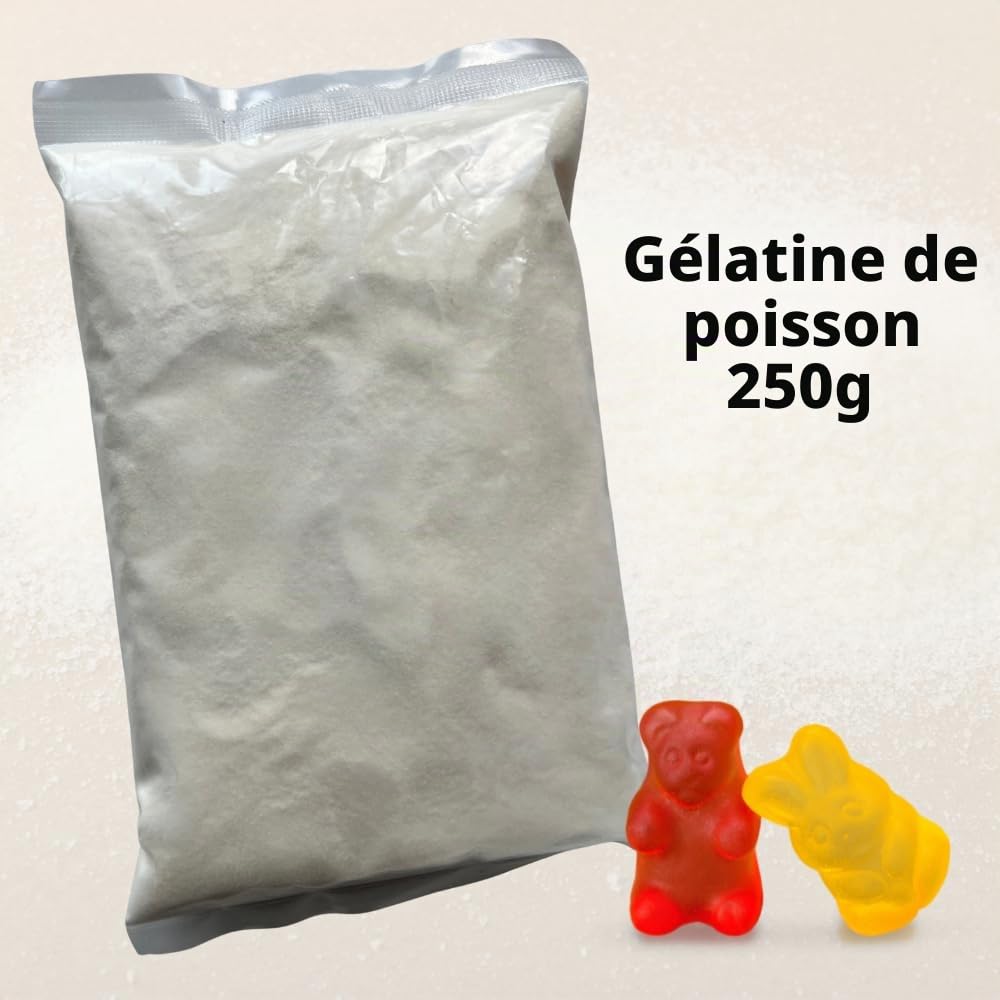 Gélatine de Poisson 250 g - 250 Bloom - Halal - Ingrédient pâtisserie et confiserie - Alternative sans porc - Bonbon, feuillantine, mousses, entremets, gummies maison