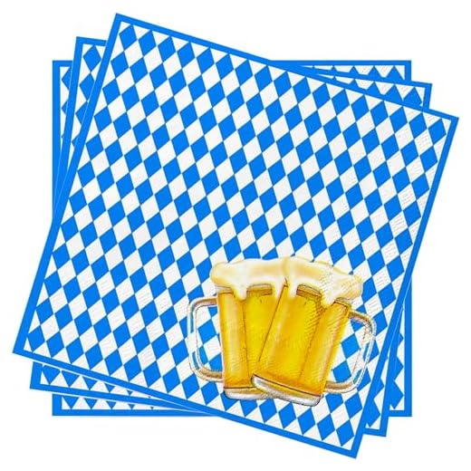 Wentsent de 80 serviettes en papier pour fête de la bière, bleues et blanches, décoration de table pour fête de la bière, fête de la bière, fête de la bière, fête de la bière de Munich, fête de la