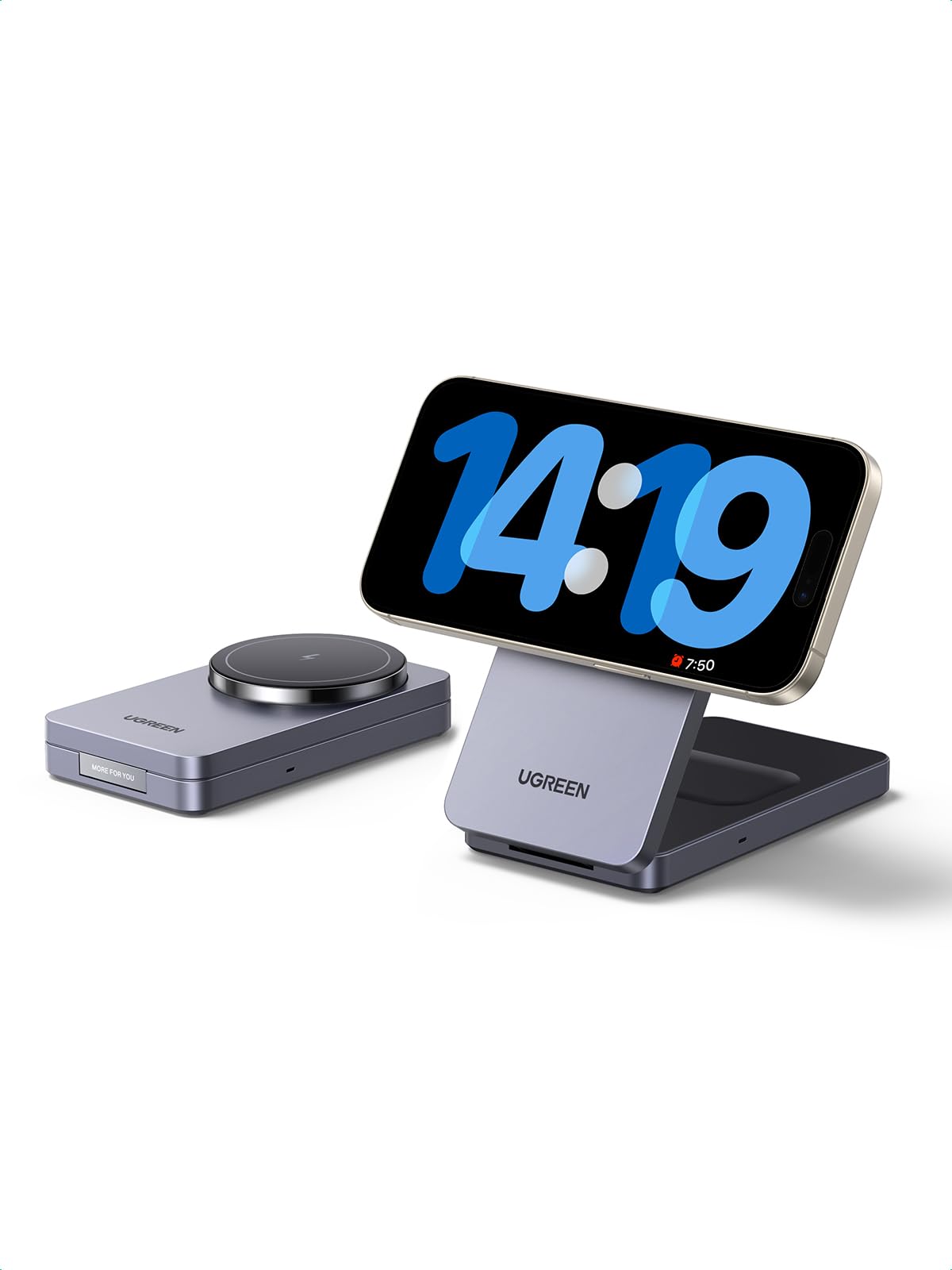 UGREEN MagFlow Wireless Charger, 2-in-1 Magsafe Compatible, Rapid Charging, Foldable, Can Charge 2 Devices Simultaneously, Magsafe Stand, Magnetic, Adjustable Angle, Alloy Texture, iPhone