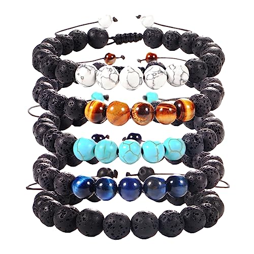 5PCS 8MM Lava Rock Stone Bead Bracelets For Men/Women, Adjustable Tiger Eye Bracelet，volcanized rock Bracelet Mens Jewelry Gifts for Dad Boyfriend Husband Brother