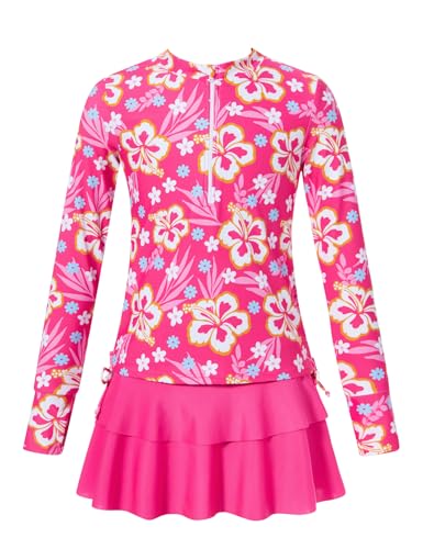 Image of Vogseek 3-12T Girls Rash Guard 2 Pieces Bathing Suit Long Sleeve Swimsuit Swimming Skirt with Shorts Swimwear