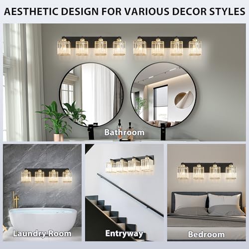 Image of Bathroom Vanity Light Fixtures Over Mirror 4 Crystal Lights - Makeup Lighting Black Gold - for Modern Wall, Bath, Desk, Farmhouse, Hallway