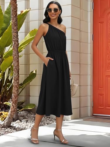 Image of ECOWISH Womens Summer One Shoulder Maxi Dress Casual Polka Dot Midi Dresses Sleeveless Long Pockets Sundress Beach Vacation