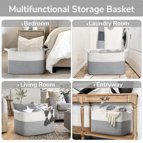 Goodpick Large Blanket Storage Baskets for Organizing, Woven Basket for Blankets, Clothes, Toy Basket Storage Kids, Rectangle Rope Baskets for Storage, 23.6" x 15.7" x 13.8"