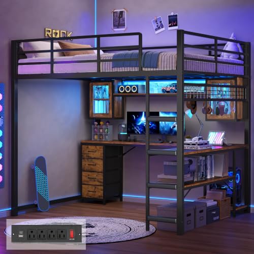 ADORNEVE Full Size Gaming Loft Bed with Desk & Hutch Storage Drawers Safety Power Outlet Metal Loft Bed Frame with RGB Lights Space Saving Gamer Loft for Teens Guardrail & Ladder Black