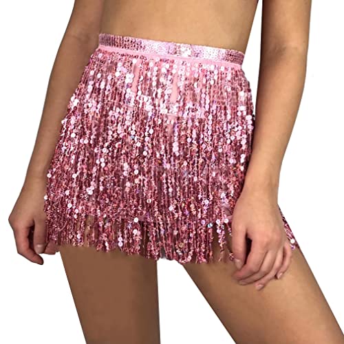 Aoduoer Sequin Tassel Skirt - Belly Dance Hip Skirt Fringe Tassel Hip Scarf Rave Skirts For Women And Girls Halloween Cowgirl Costume (Pink), One Size Short #TOP21