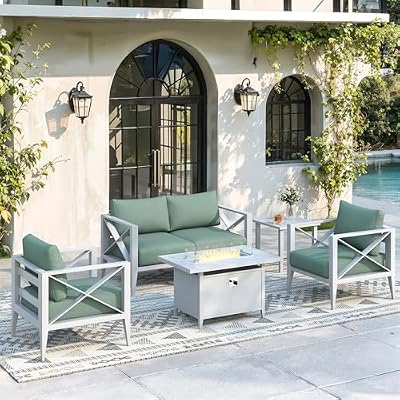 MAISON BACKYARDS Aluminum Outdoor Patio Furniture Set with 43" Fire Pit Table, 6-Piece Outdoor Sectional with 5.2" Thick Cushions, Patio Conversation Sets for Backyard,(White,4 Seats)