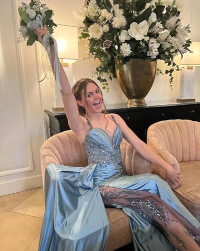 V Neck Satin Prom Dresses Long Mermaid Lace Evening Gown with Slit Pleated Bodycon Formal Dress with Tail4