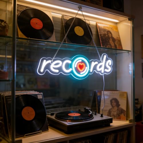Image of Records Led Sign, Recorder Neon Light, Disc Player Neon Sign, Recording Led Light, Music Show Studio Room Wall Decor, Vinyl Disc Neon Light Bedroom Game Room Wall Art Christmas Birthday Gift