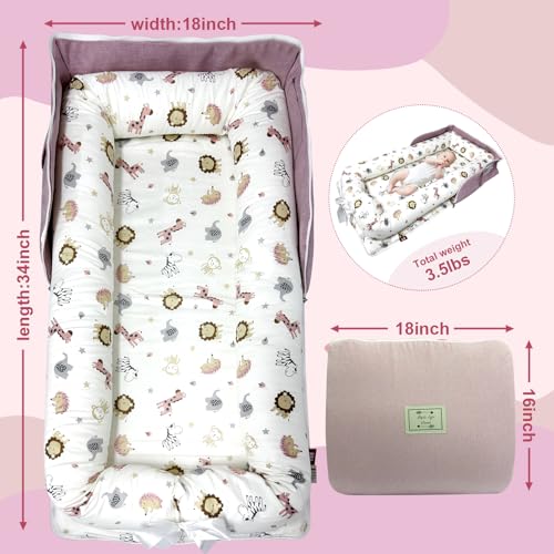 Image of Baby Lounger, Foldable Portable Infant Lounger, Baby Nest Cover, Suitable for 0-24 Months Newborn Baby Lounger,Home Travel Dual-Purpose Baby Nest（Pink Zoo）