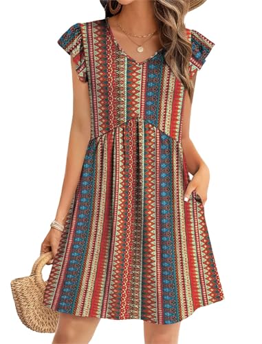 Image of OFEEFAN Summer Dresses for Women Beach Vacation Clothes V Neck Ruffle Sleeve Babydoll Dress Elegant Classy Sundress