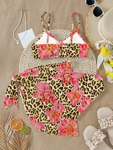 Image of RoseSeek Girls 3 Piece Bikini Set with Beach Skirt Floral Leopard O-Ring Padded Swimsuit for Teen Girls