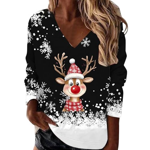 Generisch Jersey de Navidad para mujer, suéter navideño para mujer, cuello en V, suelto, copo de nieve, manga larga, Negro , XL