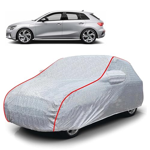 Image of Sulfar 100% Waterproof Car Body Cover Compatible with Mirror for Audi S3 (Triple Stitched, Full Bottom Elastic, Magic Silver with Red Piping)