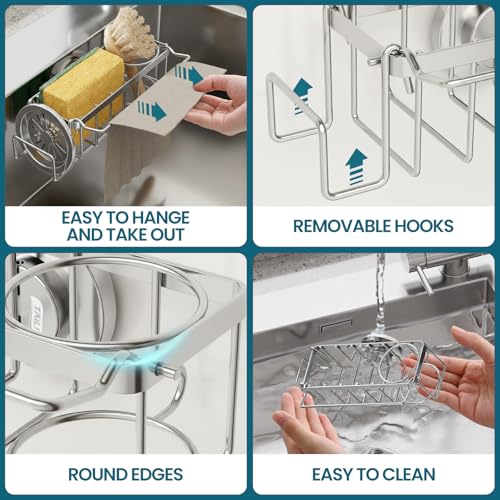 Image of TAILI 4-in-1 Sponge Holder for Kitchen Sink with Strong Suction Cup-Silver | Removable Rustproof 304 Stainless Steel Multi-compartment Sponge Holder with Suction Cup, Keeps Brushes & Scrubbers Tidy