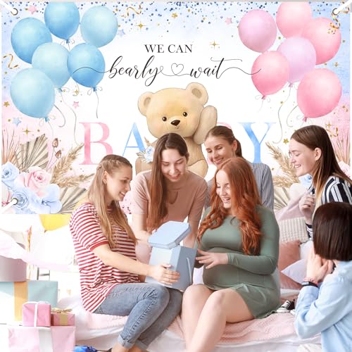 Image of Avezano Boho Bear Gender Reveal Backdrop Banner Boho Floral We Can Bearly Wait Gender Reveal Decorations Pampas Grass He or She Baby Shower Party Decor (6x3.6ft)