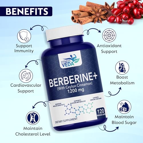 Image of FITNESS VEDA Berberine HCL 1200mg - 120 Capsules High Potency Herbal Supplement for Blood Sugar & Insulin Support | Supports Metabolic & Cardiovascular Health | Non-GMO, Vegan-Friendly - 120 Capsules
