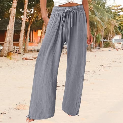 Women's Linen Wide Leg Pants Summer High Waisted Drawstring Palazzo Pants Casual Beach Pants Baggy Trousers3